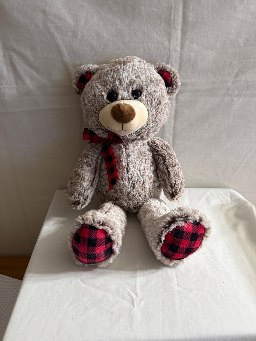 Plush Beige Teddy Bear with Red Plaid Accents - Kids Toy